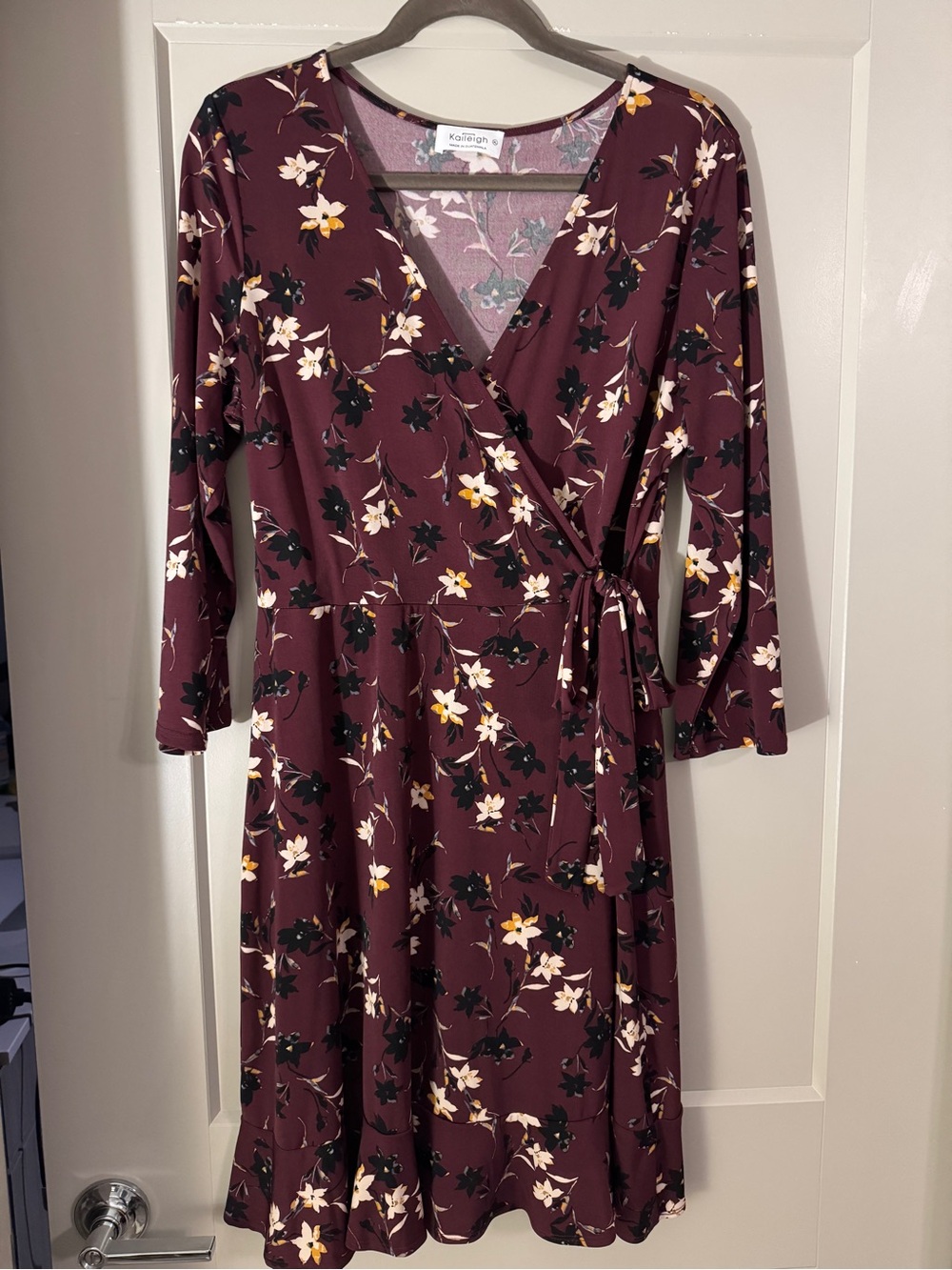 Kaileigh Burgundy Floral faux- Wrap Dress with Cream & Yellow Blooms